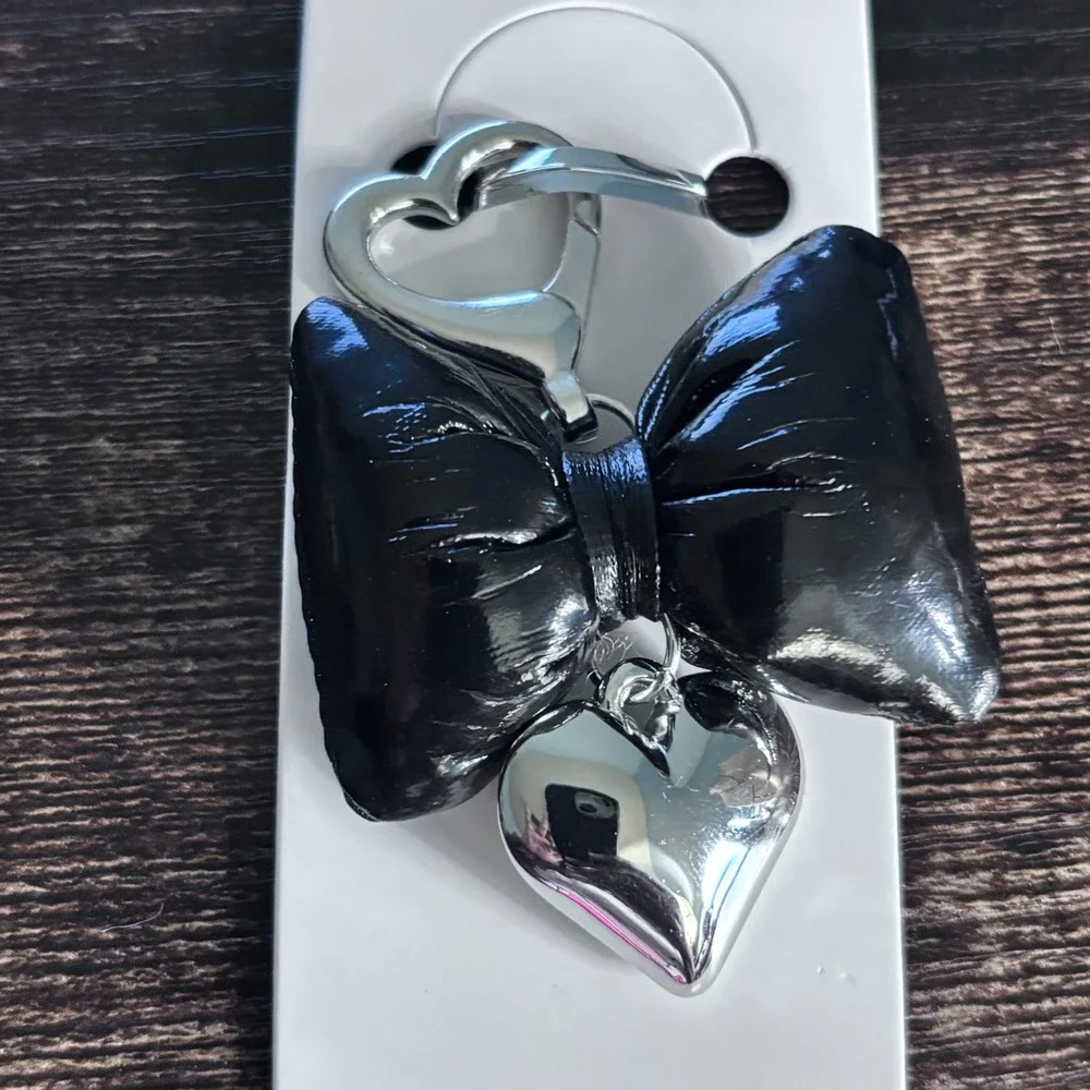 Mint Black Puffed Bow Bag Charm Silver Heart Dangle Keychain Accessory